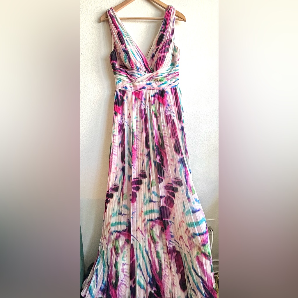 Aidan Mattox Printed Chiffon Multicolor Pleated Maxi Dress Gown Size Us 8
